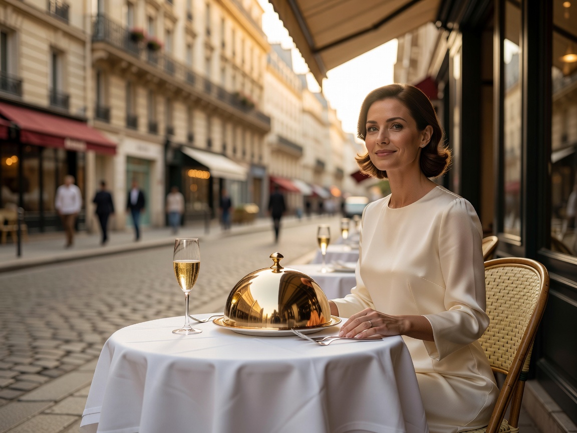 An elegant Shih Tzu seated gracefully at a white tablecloth outdoor dining table in Paris with champagne gold cloche dish