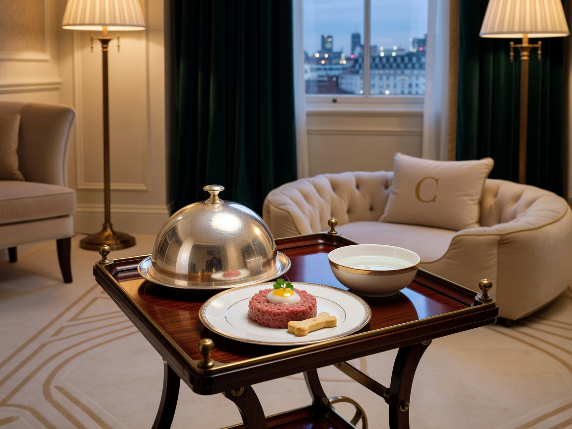 Claridge's London in-suite pet room service presentation with silver cloche