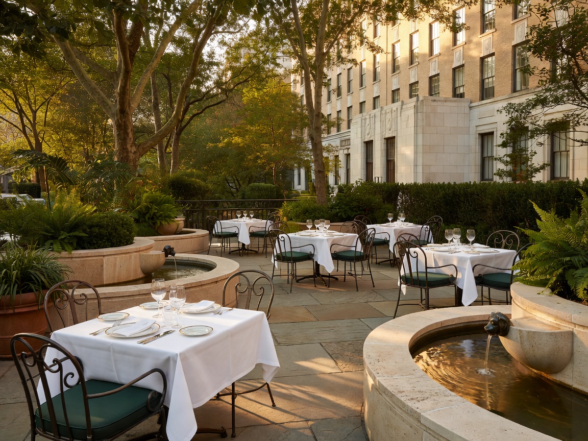The Carlyle Terrace in New York featuring refined outdoor tables and canine water fountains