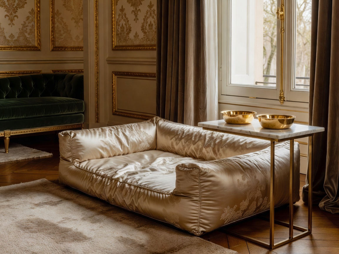 The Peninsula Paris luxury suite with bespoke silk pet bed and gold dining bowls